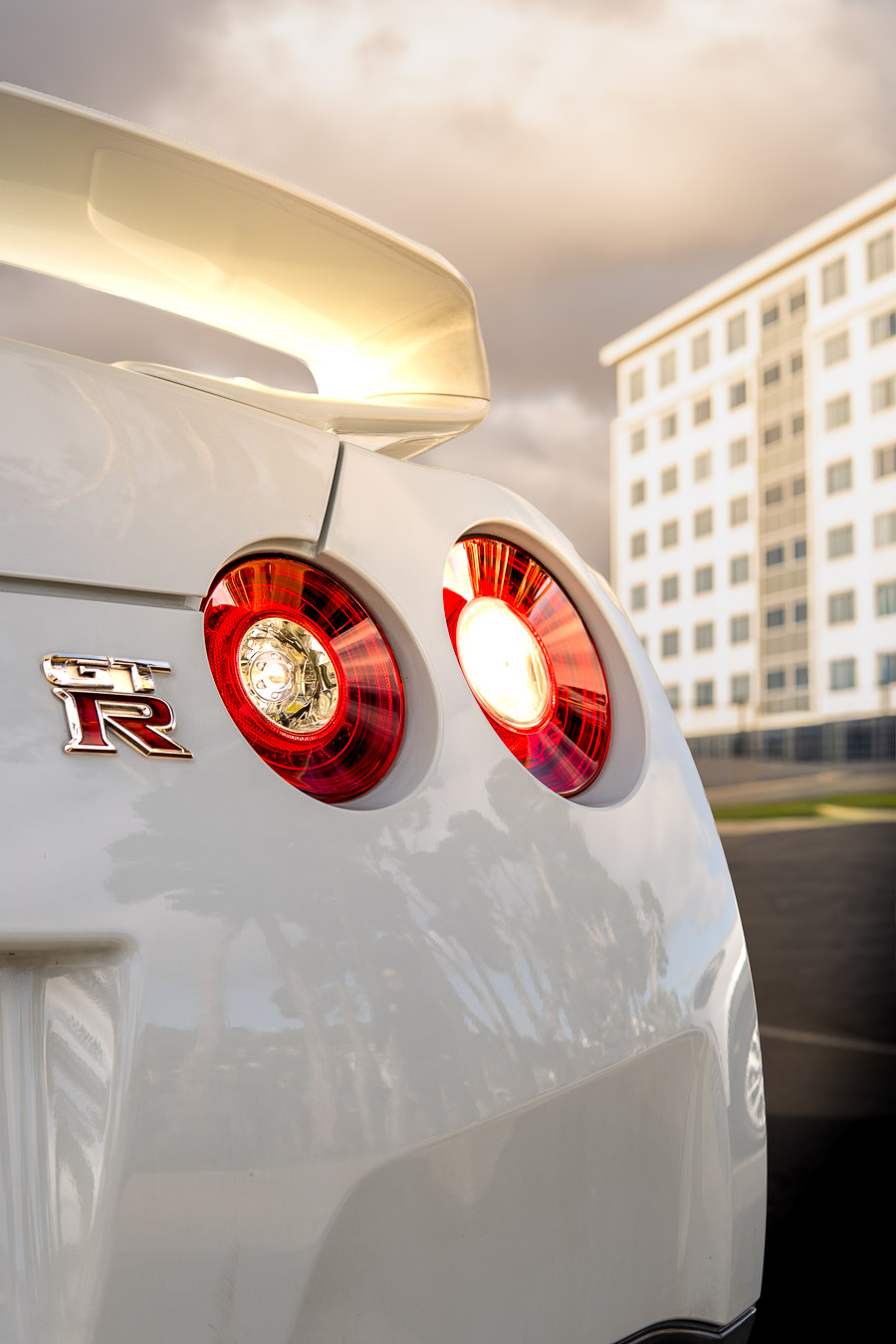 White Nissan GT-R rear wing and tail light detail